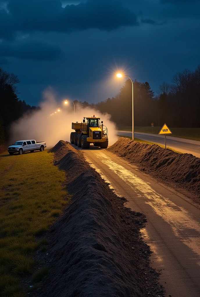 Context: buổi tối, There is a strip of dirt and rocks across the highway in a rural area., There are a few street lights on the road., around dark hug. 12 excavators lined up side by side, shoveling dirt and rocks.. Behind the row of excavators is a giant pickup truck spraying water onto the rocky strip to limit dust and smoke.. Add a few small details: There are 3 workers working on the construction site., danger blanket sign. Smoke rises in a group