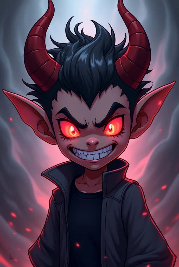 a cartoon image of a demon with horns and glowing eyes, [[[[smiling evilly]]]], demon boy, evil smile and glowing eyes, evil smile, discord profile picture, chaos nightmare ❄️ amour venom, oni horns, chaos nightmare ❄️ amour, devil smile, evil smile, evil smile, evil smile, handsome dream demon
