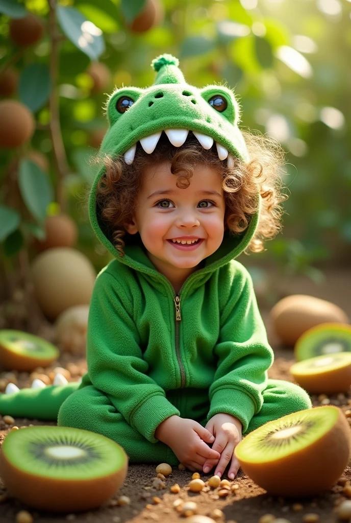 Curly girl, cheeks in a rex suit and kiwis

