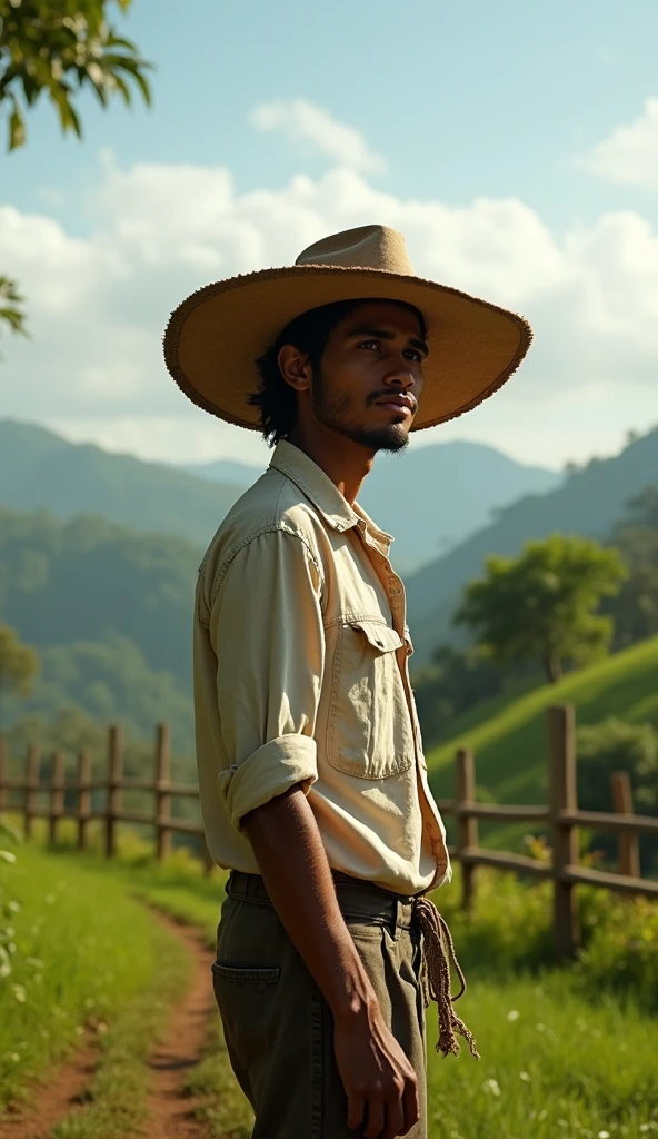 A young Costa Rican farmer, humble looking, dressed in simple, worn-out clothes, White shirt, sombrero, leather sandals, pants tied with a cloth cord, with a thoughtful and melancholic look. His hands are rough from work, and the background is a rural landscape surrounded by pastures, fences, coffee plantations, plataneras, Representative trees of Costa Rica