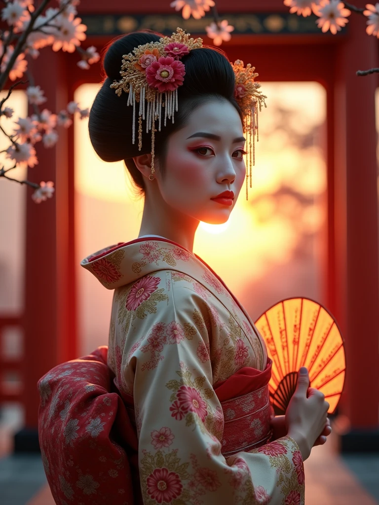 ((masterpiece, 8k, best quality, High resolution:1.3)), (Editorial portrait of Japanese geisha wearing traditional clothing:1.2), (she is in a temple:1.2), (sunset，The light hits her from the side:1.2), (This place is full of flowers:1.2), (Her face is delicate:1.2), (Her hair is styled into a traditional updo:1.2), (Her makeup is complex and elegant:1.2), (Her kimono is beautifully patterned，Colorful:1.2), (She is holding a traditional fan:1.2), (Her posture is elegant and poised:1.2), (sony a7r IV camera, Great for capturing the detail and beauty of a scene:1.2), (For use with Sony FE 85mm f/1.4 universal lenses:1.2), (The scene is illuminated by soft lighting, warm sunset light:1.2), (Her confident and calm expression reveals her natural elegance:1.2), (A moment frozen in time, Capturing the essence of traditional Japanese beauty and serenity:1.3), (Hyper-realism, Highlighting her features and the stunning temple setting:1.3), (An image that transports the viewer into a mesmerizing and tranquil moment:1.2), (This scene embodies the beauty of Japanese culture in a traditional context:1.2), cinematic, Super detailed, Crazy details, Beautiful color grading, cinematic Lightning, Extremely detailed and complex, ultra minimalist, Volumetric, full color, high dynamic range, Shallow depth of field, high budget hollywood movies, Cinemascope, moody, epic, Gorgeous