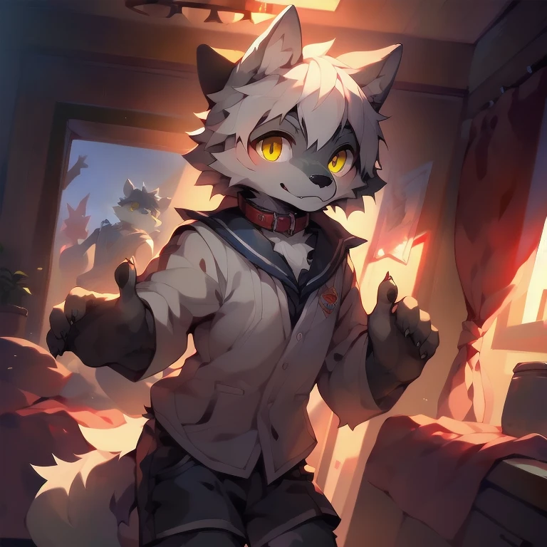 masterpiece, High quality portrait, 16K, hairy,( White_hair, Yellow eyes, Gray fur:1.2), Wolf, cub, Solo Boy, collar, Sailor Suit, shorts,skin_direction, warm light, Into, Shrugging ears,bedroom, panoramic,author：Kuroi Junmi, Yes,Qingshan