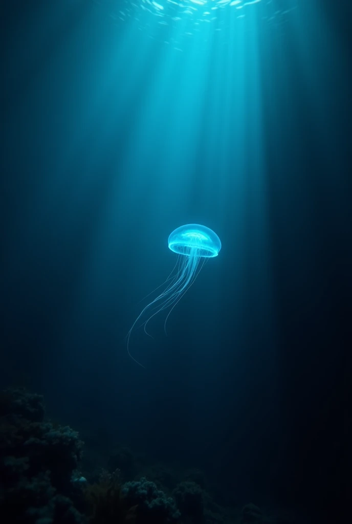 Ocean deep under water with little dark backgroung and single object on the righ5 side