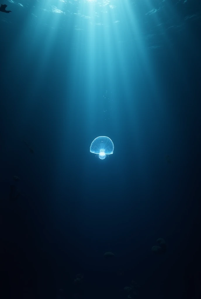 Ocean deep under water with little dark backgroung and single object on the righ5 side