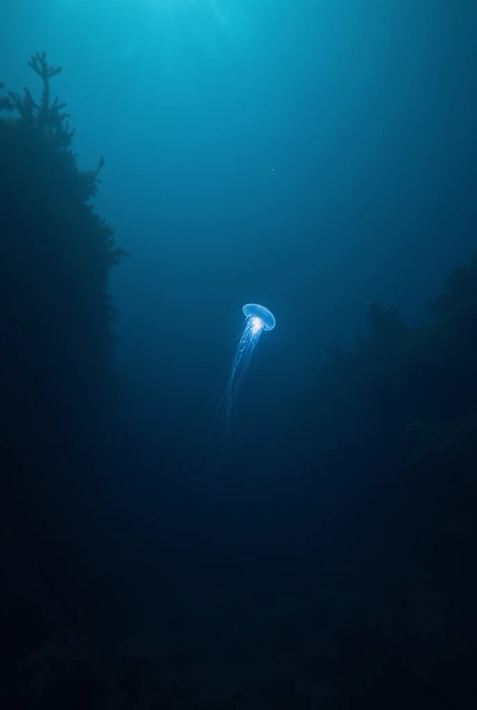 Ocean deep under water with little dark backgroung and single object on the righ5 side
