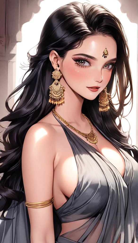 (Comic illustration)Renowned actress at the age of 28 wearing a provocative grey silk saree braless, tassel earrings, long hair , saggy breasts ,face makeup, beautiful, alluring,long jhumka earrings , necklace,white skin 