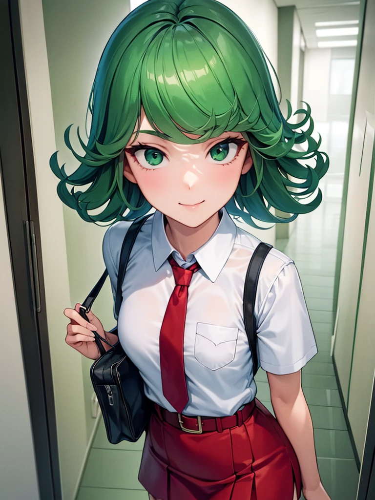 (high res, 8K, masterpiece, looking at viewer, best quality, very aesthetic, ultra detailed, ultra background, ultra Eyes, Realistic Eyes), intricate details, 1girl, Tatsumaki, Green Short Hair, Green Eyes, short sleeved white shirt, Smile Face, pocket on left chest, wearing a red tie, red short skirt, wear a belt, carry a bag, walking in the school hallway, lots of people,Background school hallway, School, Cinematic Angle