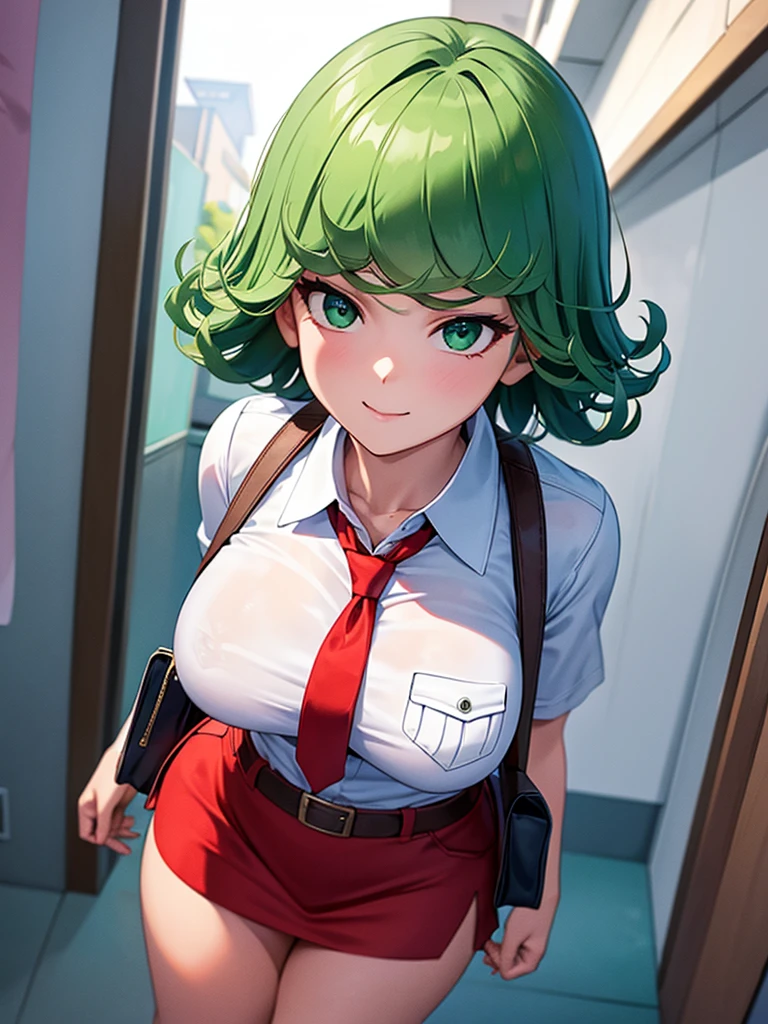 (high res, 8K, masterpiece, looking at viewer, best quality, very aesthetic, ultra detailed, ultra background, ultra Eyes, Realistic Eyes), intricate details, 1girl, Tatsumaki, Green Short Hair, Green Eyes, short sleeved white shirt, Smile Face, pocket on left chest, wearing a red tie, red short skirt, wear a belt, carry a bag, walking in the school hallway, lots of people,Background school hallway, School, Cinematic Angle