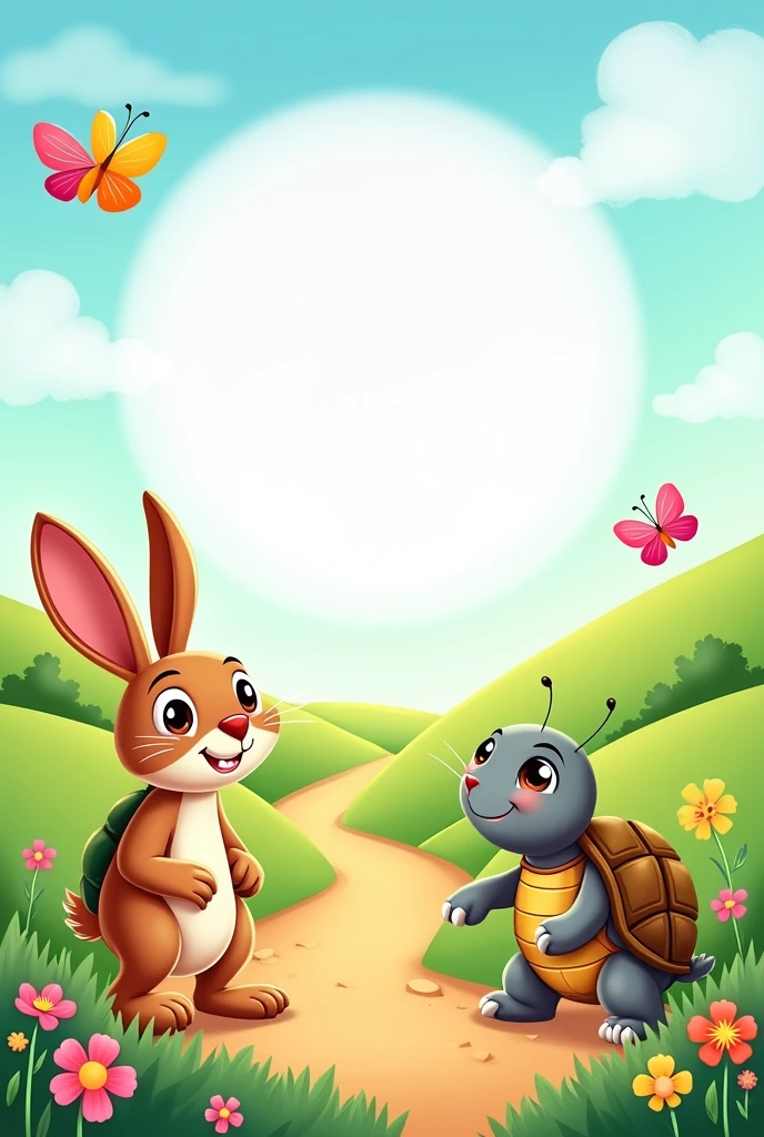 Create an A4 frame for a children's fable about the hare and the tortoise, but one that can be written on in the centre and images can be added, but it shouldn't be too feminine.