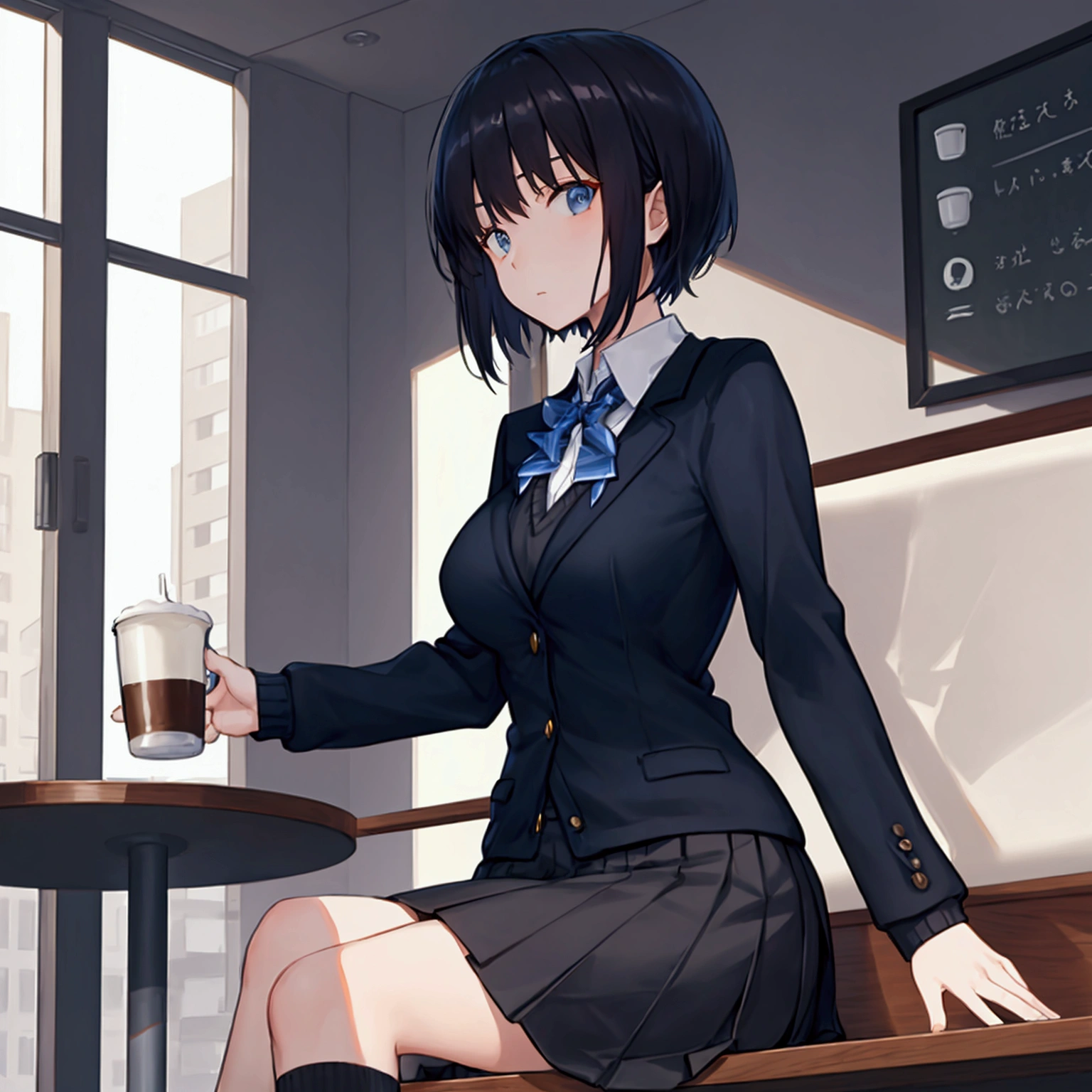 Coffee shop background, school uniform, dark sweater, tied sweater on hips, dark blue blazer, 1woman, solo, dark hair, short hair, shining hair, medium-large breast, sitting behind table, facing viewer, arrogant,