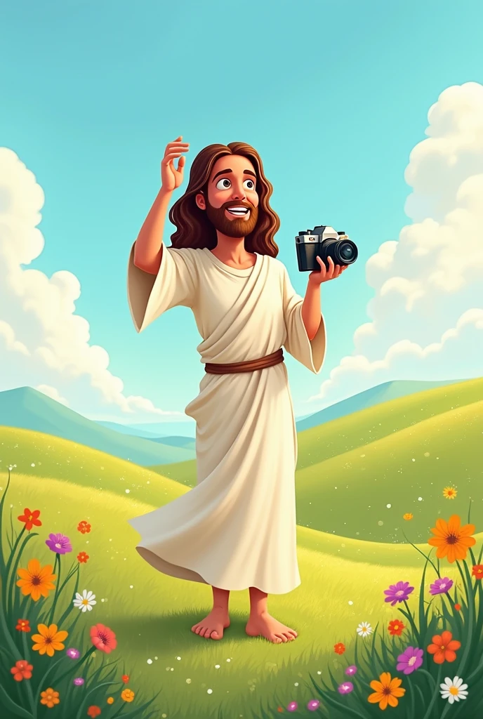 Jesus in a peaceful setting, He is wearing a simple robe and holding a camera., Jesus has the camera in his right eye, holding the camera with both hands, taking a picture, The scene can convey a sense of peace and joy, combining the modernity of the act of photographing with the traditional figure of Jesus. Make it in cartoon form