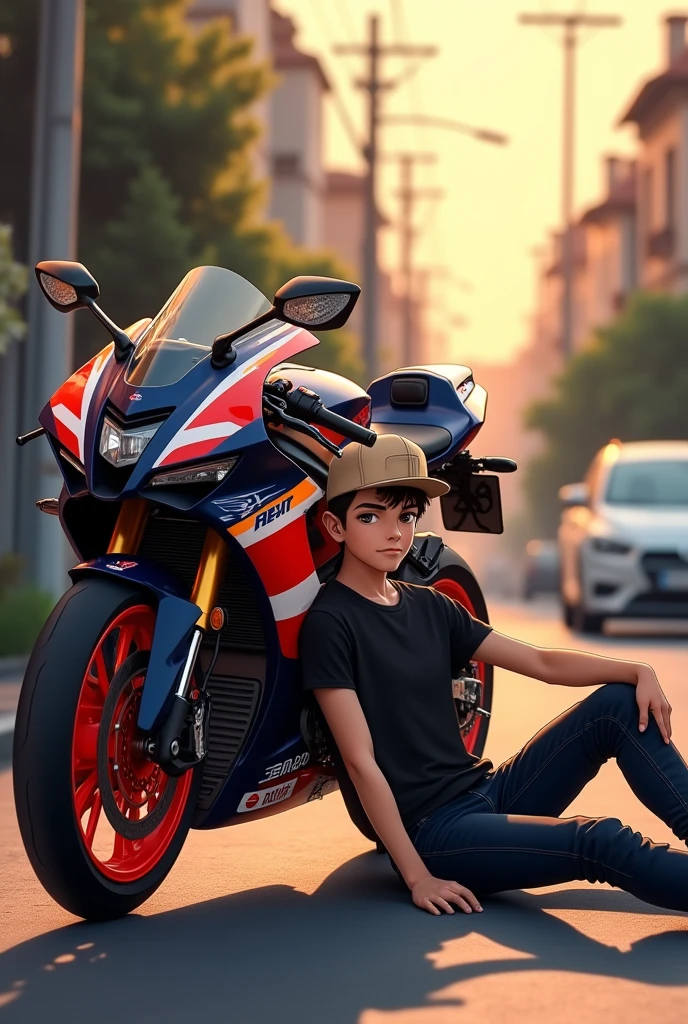 The image shows a young man sitting on the ground, leaning his back against a motorcycle. The motorcycle, which appears to be a Honda with Repsol decoration, It has red details, Black and white with Beta brand logos and other decals. The young man is dressed in a black t-shirt, Dark jeans and a beige or light brown cap.
The setting appears to be a street or an outdoor location, with some houses and a car parked in the background. The sunlight is warm, which creates a warm tone effect in the image, with shadows suggesting that it is dusk or early morning. In the lower right corner, The text indicates "Wednesday 05:00 pm", which suggests that the image was taken at that time on a Wednesday. in anime