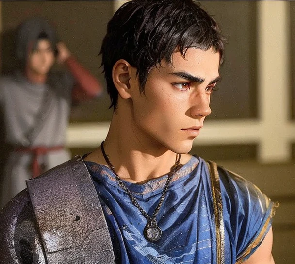 Roman Legionary Teenage Youth Male Short Jet Black Hair Red Helmet Plume Athletic, but with a musculature without exaggeration Base to do it Shisui Uchiha from the Naruto series and anime.
Uchiha logo on the left chest of the armor 
Roman armor