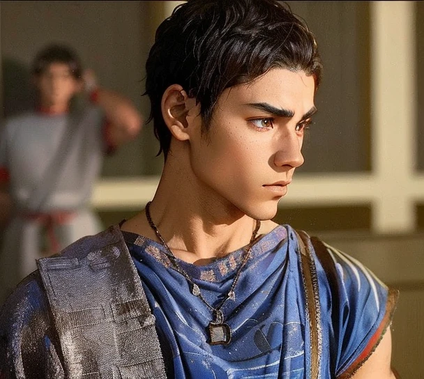 Roman Legionary Teenage Youth Male Short Jet Black Hair Red Helmet Plume Athletic, but with a musculature without exaggeration Base to do it Shisui Uchiha from the Naruto series and anime.
Uchiha logo on the left chest of the armor
Roman armor