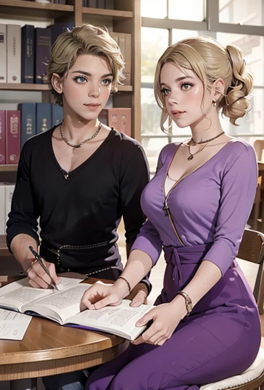 an image of a couple in a library searching for information: A young cantinflas wearing casual clothes next to Gabbie with blonde hair wearing a purple dress, both are sitting at a table looking at a book with a surprised face. 