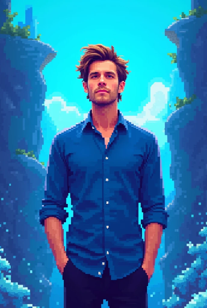 Philip Cerny standing with blue shirt and with pixel art style ,  just standing  with blue theme 