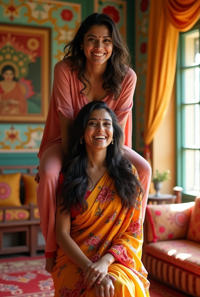 Create a realistic photograph of a smiling and beautiful indian woman in floral silk saree carrying a large chubby man on her shoulders in a room, man is sitting on top of her shoulders , man on top, woman at bottom