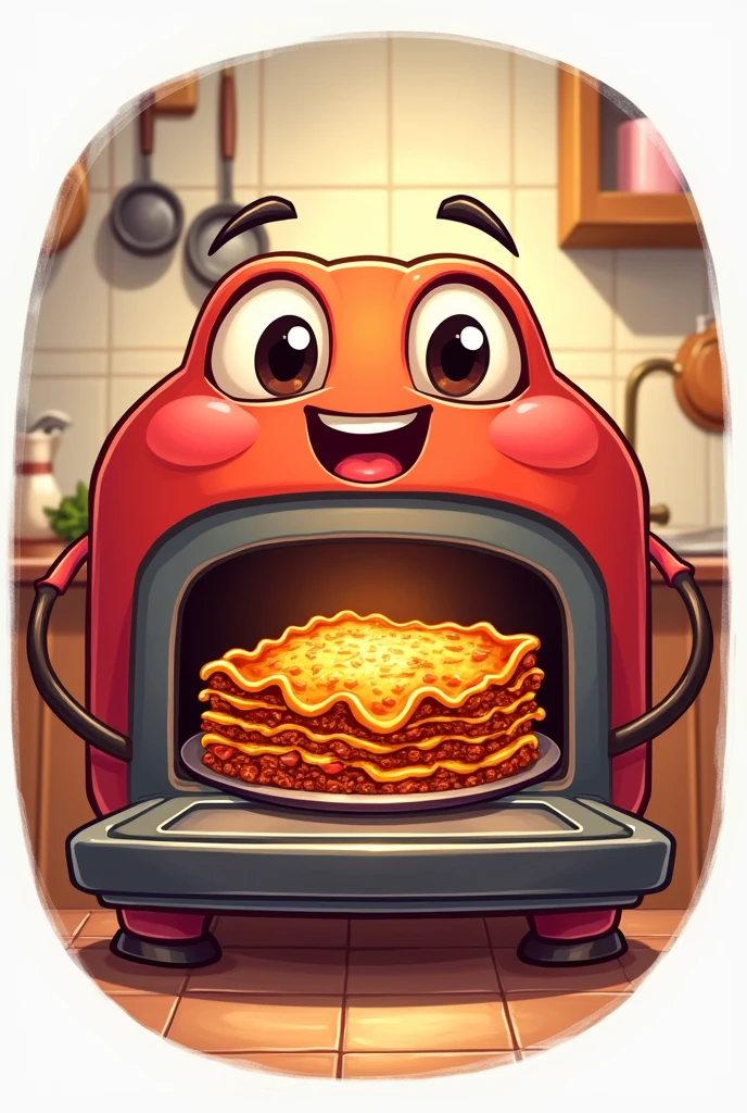 cartoon drawing of an oven and lasagna brand logo format