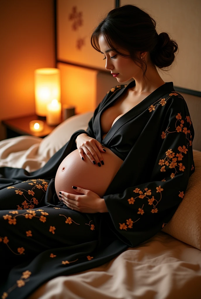 Beautiful pregnant woman in Japanese ancient black kimono with big breasts and huge buttocks lying on the bed.
