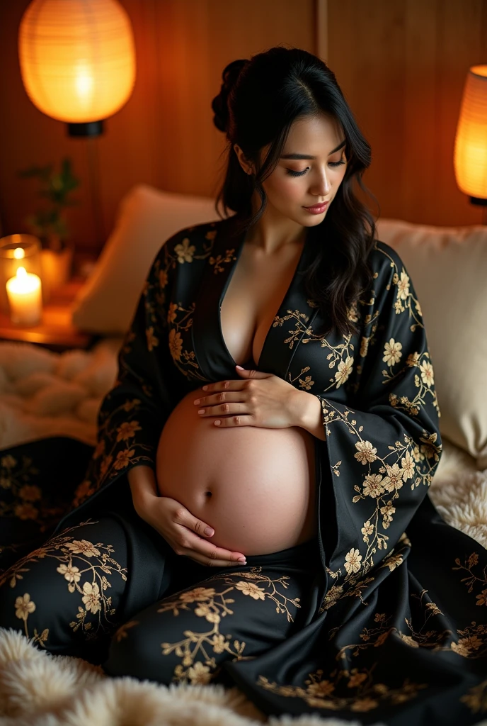 Beautiful pregnant woman in Japanese ancient black kimono with big breasts and huge buttocks lying on the bed.