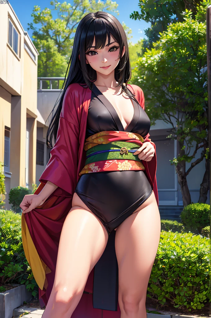 Japanese girl, looking at the viewer, (8k, raw photo, masterpiece:1.3), (realist, photorealist:1.1), 1 girl, Best Quality ,hyper detailed, High resolution, Skinny body, (happy, happy,smile:0.9), casa oriental, outdoor, field, thighs, (kimono:1.2),medium chest, long black hair