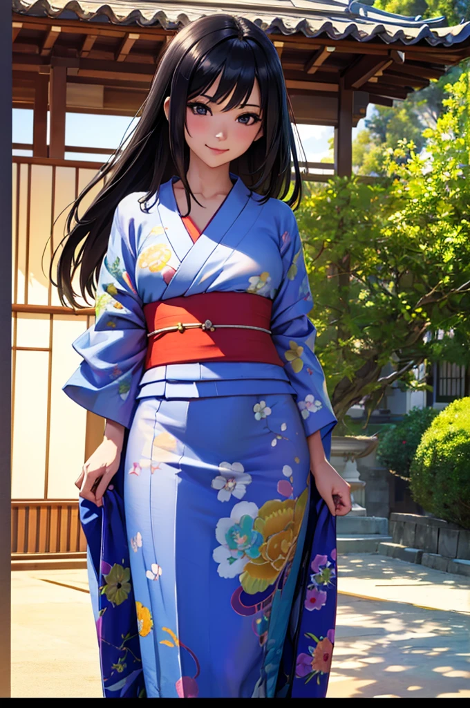 Japanese girl, looking at the viewer, (8k, raw photo, masterpiece:1.3), (realist, photorealist:1.1), 1 girl, Best Quality ,hyper detailed, High resolution, Skinny body, (happy, happy,smile:0.9), casa oriental, outdoor, field, thighs, (kimono:1.2),medium chest, long black hair