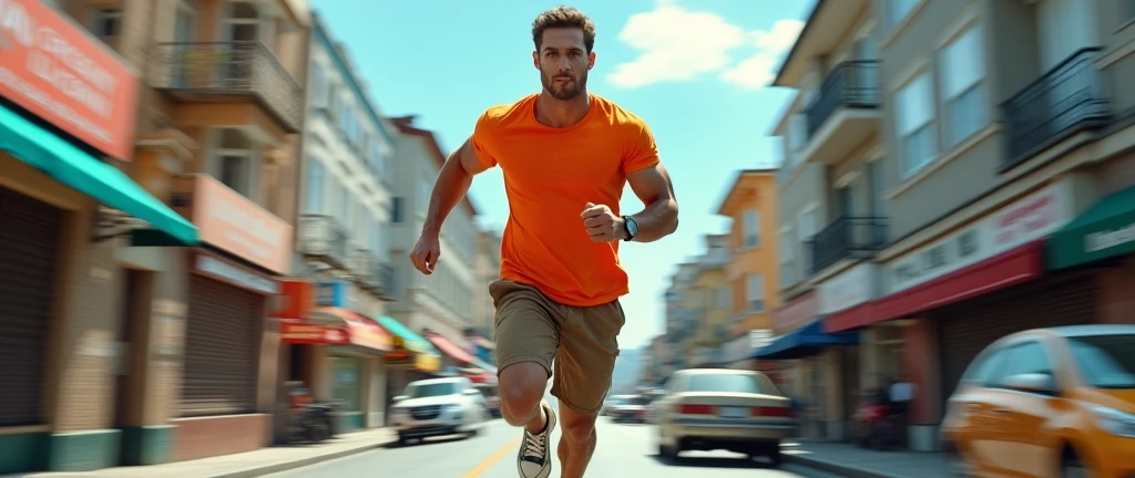 Muscular man wearing a shirt with long shorts Long loose shorts With pockets on the sides with converse sneakers Orange T-shirt and brown shorts Long short, long short, long Flying straight ahead at a high speed through the city 