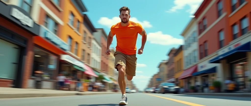 Muscular man wearing a shirt with long shorts Long loose shorts With pockets on the sides with converse sneakers Orange T-shirt and brown shorts Long short, long short, long Flying straight ahead at a high speed through the city