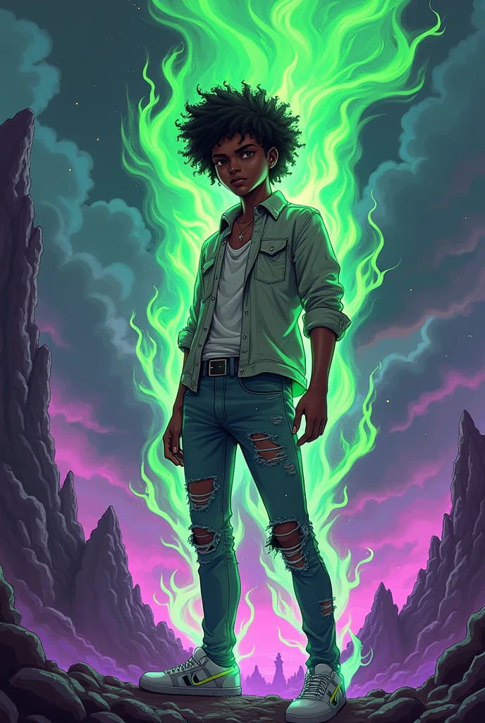 a dark-skinned teenager, wearing a ripped-sleeved shirt and ripped jeans, transformed into a green-purple flaming warrior with golden hear, 90's anime style 