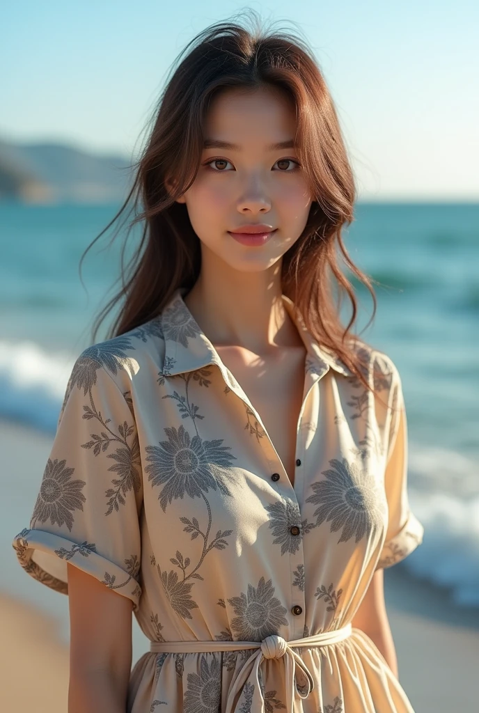 Beautiful one、Detailed eyes、、Highest quality, 超High resolution, (Reality: 1.4), Super Beauty、Beautiful Skin、Slender、Body facing forward、(Surreal)、(High resolution)、(8k)、(Beautiful and detailed eyes)、Detailed face、Bright lighting、Face Focus、Look straight ahead、(The costume is a damask shirt dress.)、Medium Hair, Evening scenery、Brown Hair、Japan is an idol、20-year-old、Seascape