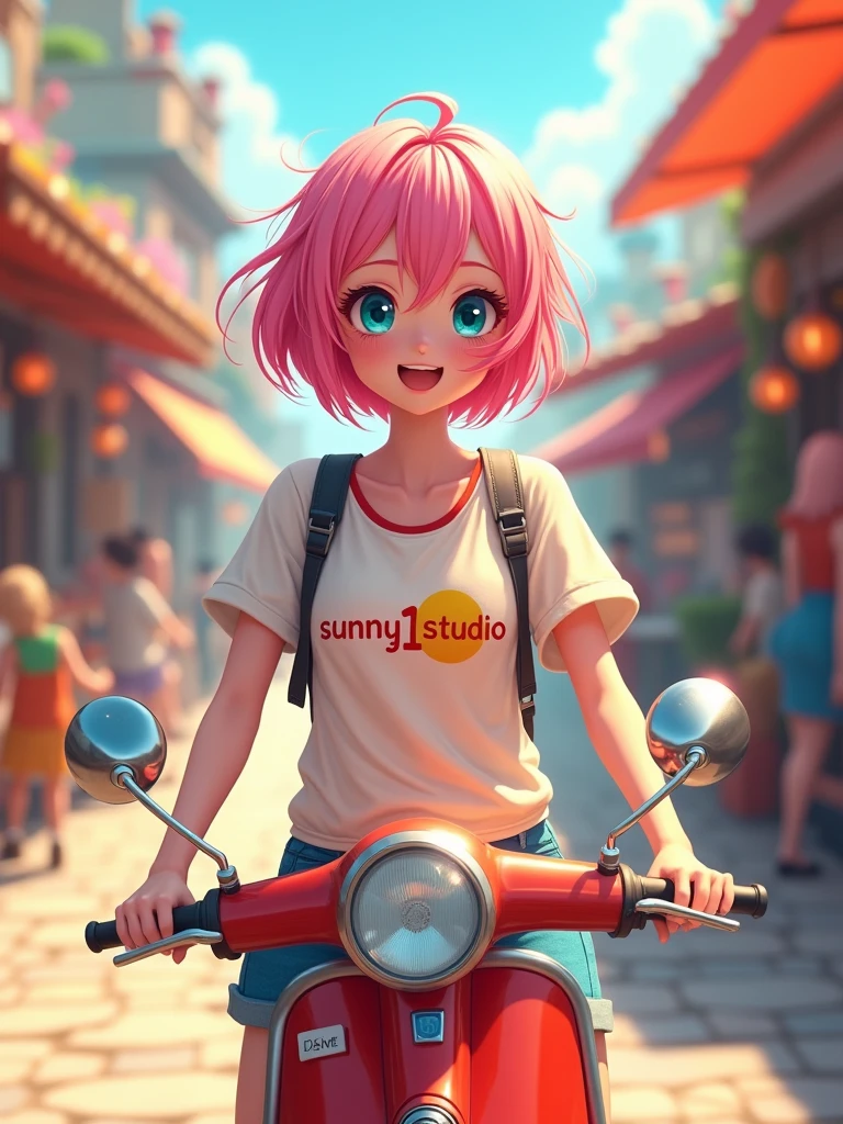 A 23 Year old female character, wearing a casual expensive shirt written sunny1studio, short pink hair, afternoon vision, blue eyes, fantasy, pretty face, cute face reaction, pretty shirt, riding a scooter