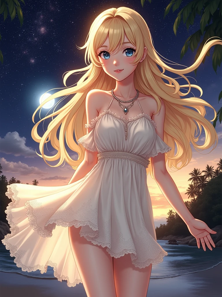 (masterpiece、Highest quality、8k、High resolution)、(The best beautiful girl)、Best Style、(The most beautiful face)、Clear skin、Clean blue eyes、Beautiful lips、smile、Beautiful white upper teeth、Beautiful nose、Blonde Hair、Ample breasts、Walking on the sand、look back、Ocean、You can see the forest、A bright night with stars visible、Beautiful starry sky、full moon、milky way、(体whole bodyから神秘的な光の粒子、Colorful Light)、(jewelry、necklace)、dress、(whole body)、Highly detailed anime art、A complete portrayal、Detailed CG、