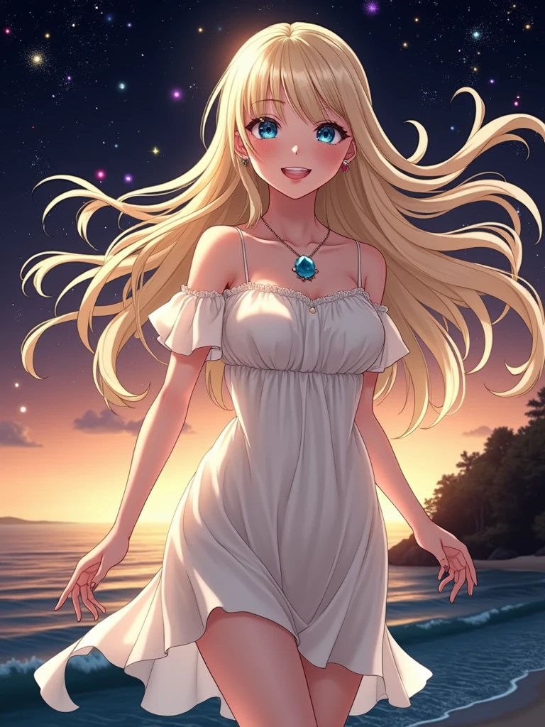 (masterpiece、Highest quality、8k、High resolution)、(The best beautiful girl)、Best Style、(The most beautiful face)、Clear skin、Clean blue eyes、Beautiful lips、smile、Beautiful white upper teeth、Beautiful nose、Blonde Hair、Ample breasts、Walking on the sand、look back、Ocean、You can see the forest、A bright night with stars visible、Beautiful starry sky、full moon、milky way、(体whole bodyから神秘的な光の粒子、Colorful Light)、(jewelry、necklace)、dress、(whole body)、Highly detailed anime art、A complete portrayal、Detailed CG、