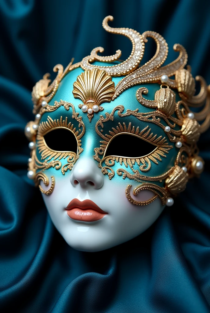 Generate Mermaid Pirate Mask for Women, with gold details. It must be elegant and delicate for a masquerade ball