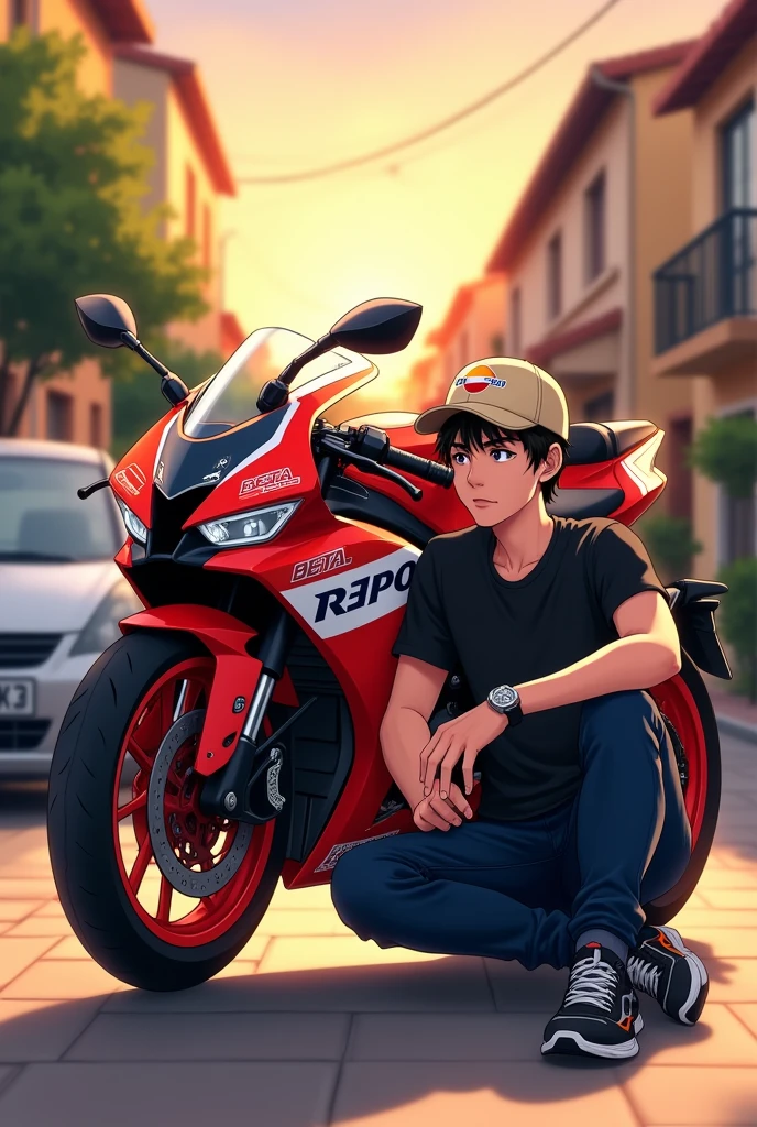 The image shows a young man sitting on the ground, leaning his back against a motorcycle. The motorcycle, which appears to be a Honda with Repsol decoration, It has red details, Black and white with Beta brand logos and other decals. The young man is dressed in a black t-shirt, Dark jeans and a beige or light brown cap.
The setting appears to be a street or an outdoor location, with some houses and a car parked in the background. The sunlight is warm, which creates a warm tone effect in the image, with shadows suggesting that it is dusk or early morning. In the lower right corner, The text indicates "Wednesday 05:00 pm", which suggests that the image was taken at that time on a Wednesday. in anime