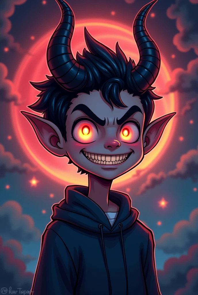 a cartoon image of a demon with horns and glowing eyes, [[[[smiling evilly]]]], demon boy, evil smile and glowing eyes, evil smile, discord profile picture, chaos nightmare ❄️ amour venom, oni horns, chaos nightmare ❄️ amour, devil smile, evil smile, evil smile, evil smile, handsome dream demon
