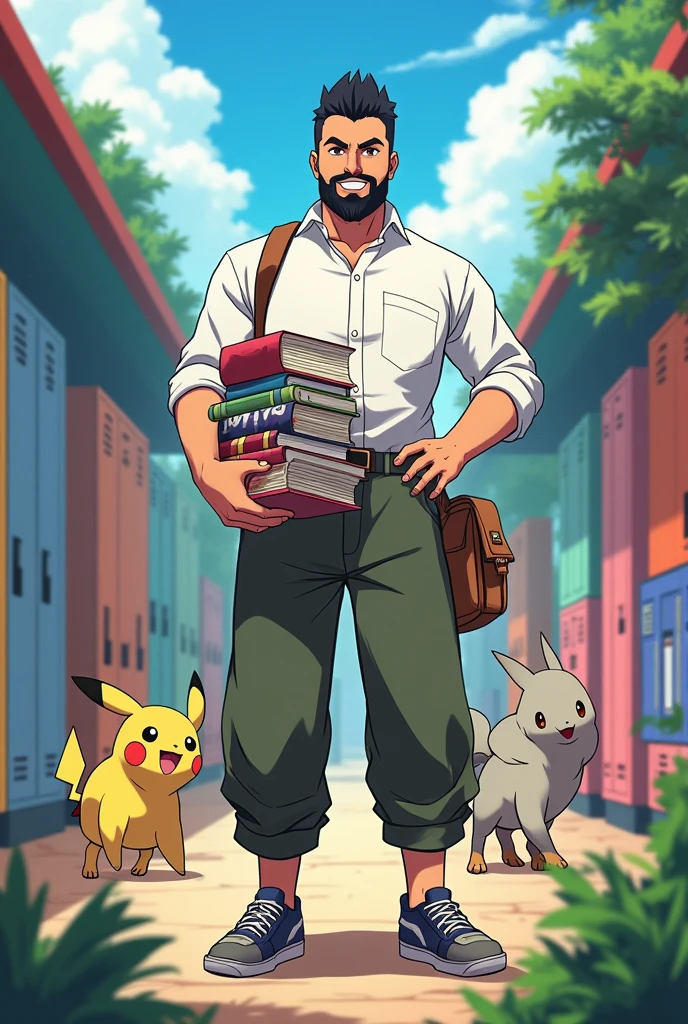 Anime pokemon style, Short black hair teacher with full beard, right hand holding a pokeball. Left hand holding books, wearing a white shirt and a leg bag with some school supplies. School