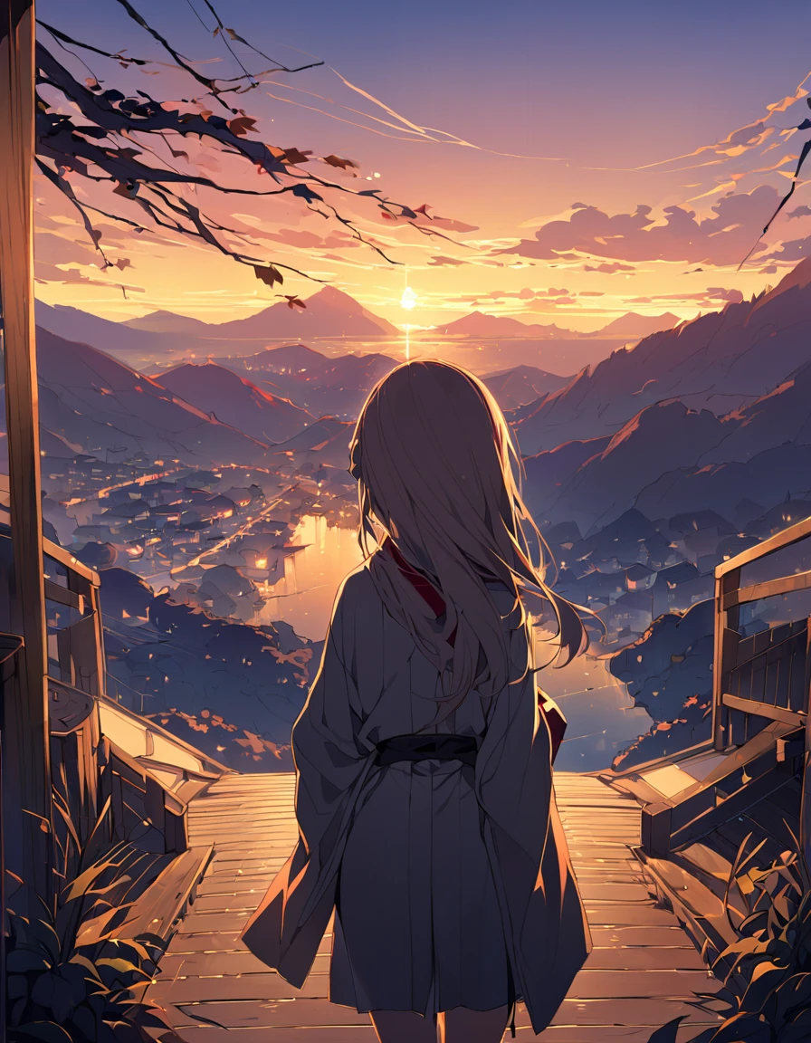 Young woman in Japanese clothing、early morning'Atmosphere of。長いblack髪にpurpleがかった色味、Some are loosely tied、残りteeth肩に流れ落ちる。Looking back over your right shoulder、Only the left eye is visible in profile。Smooth skin like white porcelain、length, Narrow eyes、Small lips。A fleeting and mysterious atmosphere、A bit of a depressing mood。A gorgeous kimono with a white base and floral patterns.。blackい帯と襟、帯teeth大きな蝶結びで背中で結ばれている。着物にteethred、purple、pink、Delicately painted white floral pattern、Expressing with Gradient。length, Drag the hem、Expressing the texture and wrinkles of fabric in detail.。透け感のあるblackい羽織を肩にかけている。White flower hair ornament、桜やplumの花をイメージ。circular composition、Place it on a full moon background。背景teethdark blueから白へのグラデーション、The impression of the night sky turning into morning。Silhouettes of flowers and plants are scattered throughout the background.、Expressing the appearance of fluttering in the wind。Put a darker color on the left、Put a lighter color on the right、Represents the balance of yin and yang。Mainly white、black、dark blue、red、purpleのコントラスト。着物の花柄に使用される色teeth、淡い色から濃い色までExpressing with Gradient。背景の花のシルエットteeth白や薄い青で表現し、Create a great atmosphere。Draw illustrations inspired by the style of Japanese anime and manga、A fusion of delicate line drawings and watercolor-like gradations。Detailed depiction of petals and leaves、特に着物の模様teeth極めて精緻。キャラクターの輪郭線teeth細く、Blur the boundary between the subject and the background。Representing the movement of petals fluttering in the wind、Especially the scattering to the outside of the circle。Character Expressions'outline blends into the background、Especially the hair and the hem of the kimono。Soft light from the moon、A soft glow effect that follows the character'outline。A fusion of Japanese fantasy and modern illustration techniques。Mysterious and ephemeral atmosphere、A contrast of majestic strength。Before dawn、Darkness and light、Expressing the duality of strength and elegance。季節感としてteeth春の終わりから初夏を想起させる。Varying line thickness and shading、Sharp finish。Kimono pattern and background flowers々teeth、Use the brush tool to create subtle effects。Adjust the brightness difference between the character and the background、To make the protagonist stand out。Keep the color scheme consistent throughout、harmonious atmosphere;。着物の裾からredい花びらが散り、Spread on the ground。背景の植物teeth桜、plum、Focus on wisteria flowers、Representing seasonal changes。キャラクターの立ち姿teeth凛として美しく、the spine is straight。The moonlight reflects off the fabric of the kimono、Creates a subtle sheen。