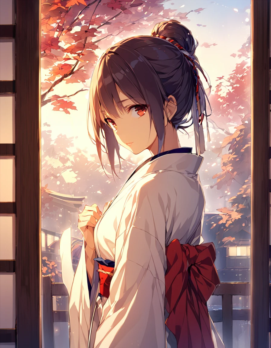 Young woman in Japanese clothing、early morning'Atmosphere of。長いblack髪にpurpleがかった色味、Some are loosely tied、残りteeth肩に流れ落ちる。Looking back over your right shoulder、Only the left eye is visible in profile。Smooth skin like white porcelain、length, Narrow eyes、Small lips。A fleeting and mysterious atmosphere、A bit of a depressing mood。A gorgeous kimono with a white base and floral patterns.。blackい帯と襟、帯teeth大きな蝶結びで背中で結ばれている。着物にteethred、purple、pink、Delicately painted white floral pattern、Expressing with Gradient。length, Drag the hem、Expressing the texture and wrinkles of fabric in detail.。透け感のあるblackい羽織を肩にかけている。White flower hair ornament、桜やplumの花をイメージ。circular composition、Place it on a full moon background。背景teethdark blueから白へのグラデーション、The impression of the night sky turning into morning。Silhouettes of flowers and plants are scattered throughout the background.、Expressing the appearance of fluttering in the wind。Put a darker color on the left、Put a lighter color on the right、Represents the balance of yin and yang。Mainly white、black、dark blue、red、purpleのコントラスト。着物の花柄に使用される色teeth、淡い色から濃い色までExpressing with Gradient。背景の花のシルエットteeth白や薄い青で表現し、Create a great atmosphere。Draw illustrations inspired by the style of Japanese anime and manga、A fusion of delicate line drawings and watercolor-like gradations。Detailed depiction of petals and leaves、特に着物の模様teeth極めて精緻。キャラクターの輪郭線teeth細く、Blur the boundary between the subject and the background。Representing the movement of petals fluttering in the wind、Especially the scattering to the outside of the circle。Character Expressions'outline blends into the background、Especially the hair and the hem of the kimono。Soft light from the moon、A soft glow effect that follows the character'outline。A fusion of Japanese fantasy and modern illustration techniques。Mysterious and ephemeral atmosphere、A contrast of majestic strength。Before dawn、Darkness and light、Expressing the duality of strength and elegance。季節感としてteeth春の終わりから初夏を想起させる。Varying line thickness and shading、Sharp finish。Kimono pattern and background flowers々teeth、Use the brush tool to create subtle effects。Adjust the brightness difference between the character and the background、To make the protagonist stand out。Keep the color scheme consistent throughout、harmonious atmosphere;。着物の裾からredい花びらが散り、Spread on the ground。背景の植物teeth桜、plum、Focus on wisteria flowers、Representing seasonal changes。キャラクターの立ち姿teeth凛として美しく、the spine is straight。The moonlight reflects off the fabric of the kimono、Creates a subtle sheen。