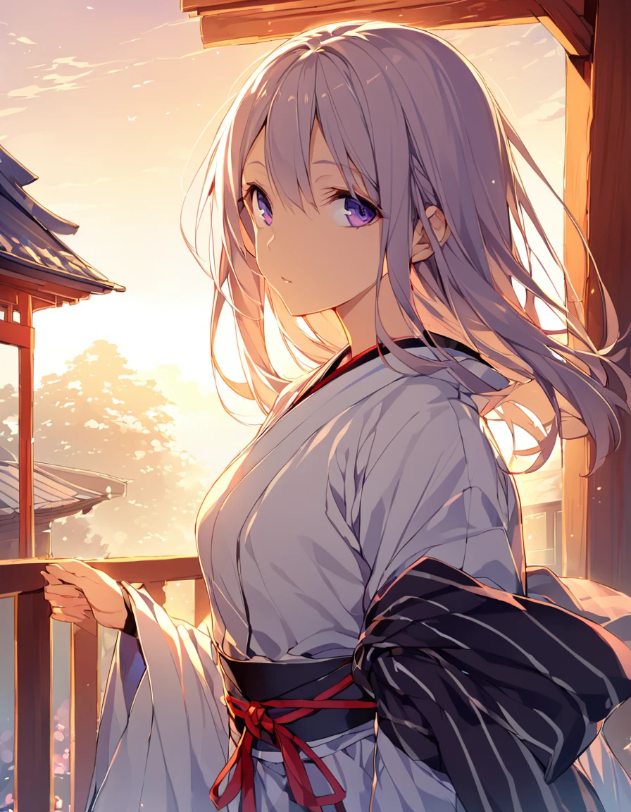 Young woman in Japanese clothing、early morning'Atmosphere of。長いblack髪にpurpleがかった色味、Some are loosely tied、残りteeth肩に流れ落ちる。Looking back over your right shoulder、Only the left eye is visible in profile。Smooth skin like white porcelain、length, Narrow eyes、Small lips。A fleeting and mysterious atmosphere、A bit of a depressing mood。A gorgeous kimono with a white base and floral patterns.。blackい帯と襟、帯teeth大きな蝶結びで背中で結ばれている。着物にteethred、purple、pink、Delicately painted white floral pattern、Expressing with Gradient。length, Drag the hem、Expressing the texture and wrinkles of fabric in detail.。透け感のあるblackい羽織を肩にかけている。White flower hair ornament、桜やplumの花をイメージ。circular composition、Place it on a full moon background。背景teethdark blueから白へのグラデーション、The impression of the night sky turning into morning。Silhouettes of flowers and plants are scattered throughout the background.、Expressing the appearance of fluttering in the wind。Put a darker color on the left、Put a lighter color on the right、Represents the balance of yin and yang。Mainly white、black、dark blue、red、purpleのコントラスト。着物の花柄に使用される色teeth、淡い色から濃い色までExpressing with Gradient。背景の花のシルエットteeth白や薄い青で表現し、Create a great atmosphere。Draw illustrations inspired by the style of Japanese anime and manga、A fusion of delicate line drawings and watercolor-like gradations。Detailed depiction of petals and leaves、特に着物の模様teeth極めて精緻。キャラクターの輪郭線teeth細く、Blur the boundary between the subject and the background。Representing the movement of petals fluttering in the wind、Especially the scattering to the outside of the circle。Character Expressions'outline blends into the background、Especially the hair and the hem of the kimono。Soft light from the moon、A soft glow effect that follows the character'outline。A fusion of Japanese fantasy and modern illustration techniques。Mysterious and ephemeral atmosphere、A contrast of majestic strength。Before dawn、Darkness and light、Expressing the duality of strength and elegance。季節感としてteeth春の終わりから初夏を想起させる。Varying line thickness and shading、Sharp finish。Kimono pattern and background flowers々teeth、Use the brush tool to create subtle effects。Adjust the brightness difference between the character and the background、To make the protagonist stand out。Keep the color scheme consistent throughout、harmonious atmosphere;。着物の裾からredい花びらが散り、Spread on the ground。背景の植物teeth桜、plum、Focus on wisteria flowers、Representing seasonal changes。キャラクターの立ち姿teeth凛として美しく、the spine is straight。The moonlight reflects off the fabric of the kimono、Creates a subtle sheen。