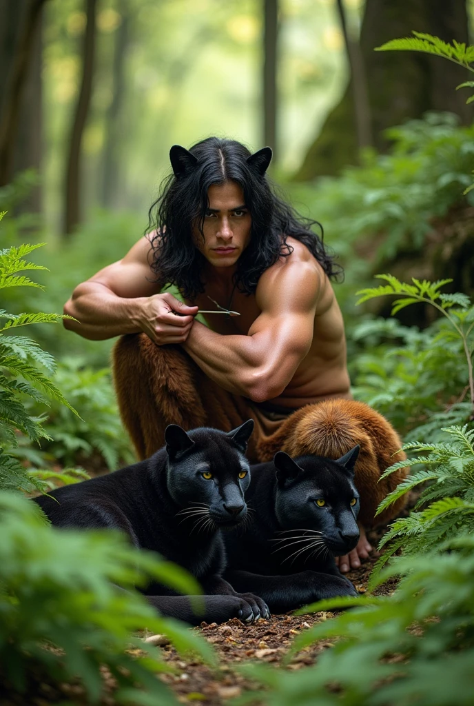A handsome guy with tanned skin and masculine features of a young man. He has black hair down to his knees and panther ears.. He has a bare torso, wearing full-length brown fur trousers and hoof-like shoes.. He has a red heart pendant.. He squats in a thicket of ferns and shoots a bow.. A kind, beautiful panther lies beside him..