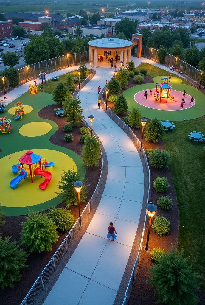 The park features a wide entrance with clear signage and parking spaces for bicycles and vehicles, including a full-height turnstile and pivot door for accessibility. It is enclosed with a 2" tube fence featuring a wave-like design, LED/solar lighting, and a 0.60 m high wall. Vehicle parking for 10 cars is available along the internal street. The children’s play area includes water games, swings, slides, climbing structures, colorful rubber flooring, a synthetic grass area, an interactive water fountain, and a rest area for parents, all made from durable materials. An outdoor gym offers full-body exercise machines suitable for all ages, with clear equipment signage and a yoga/stretching area. A paved bike path surrounds the park, marked in blue and with clear signage. The park is well-lit with LED/solar lights, and drinking fountains for adults, children, and pets are strategically placed. Accessible restrooms are centrally located, including family and disabled-accessible facilities. Pet waste stations with bags and bins are spread throughout. Green spaces with benches and picnic tables provide relaxation areas, while walkways alongside the bike path facilitate both walking and biking. A ramp is designed for pedestrians, bicycles, and wheelchairs, featuring LED screens for municipal advertising.
