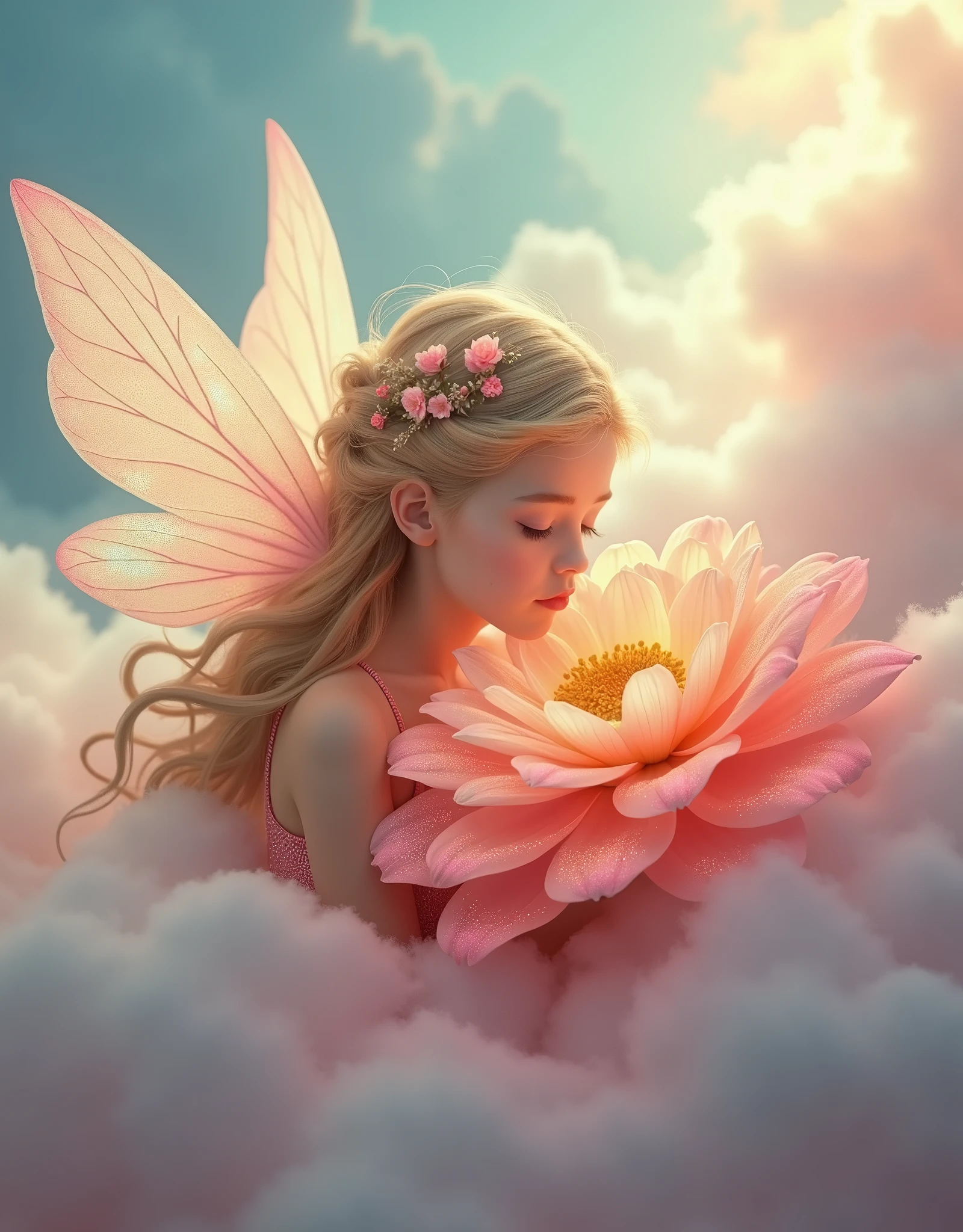 A portrait of beautiful fairy flying around flower in cloud