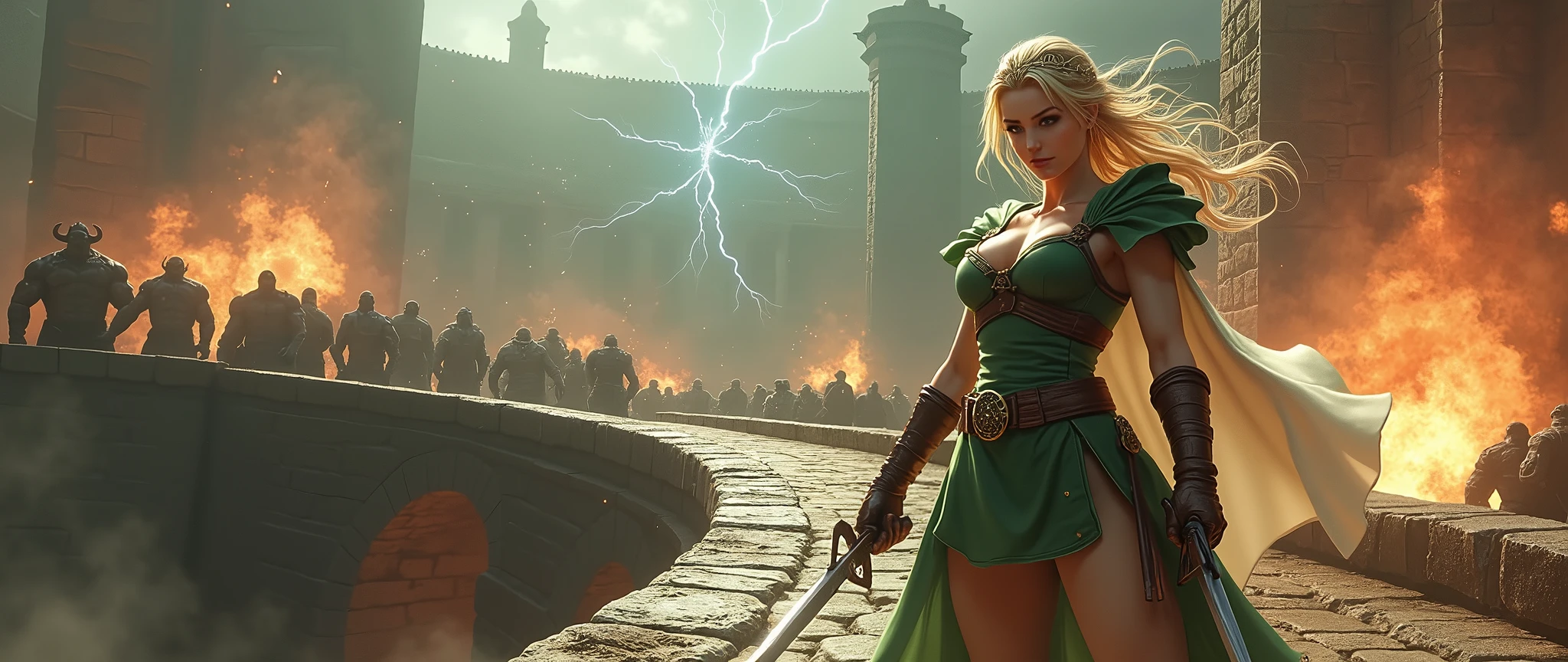Cammy in her classic form, wearing her signature green military outfit, a princess tiara, and a light cape, holding two daggers as she faces an army of orcs on an ancient stone bridge. The scene is chaotic and action-packed, with explosions and debris flying through the air, lightning crossing the sky, and Cammy in the midst of fierce combat. The style is highly detailed realism