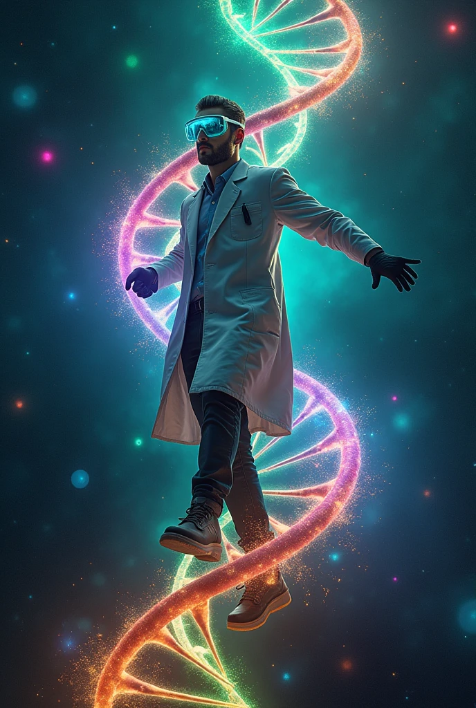 a scientist, surfing a DNA molecule with four bases colours