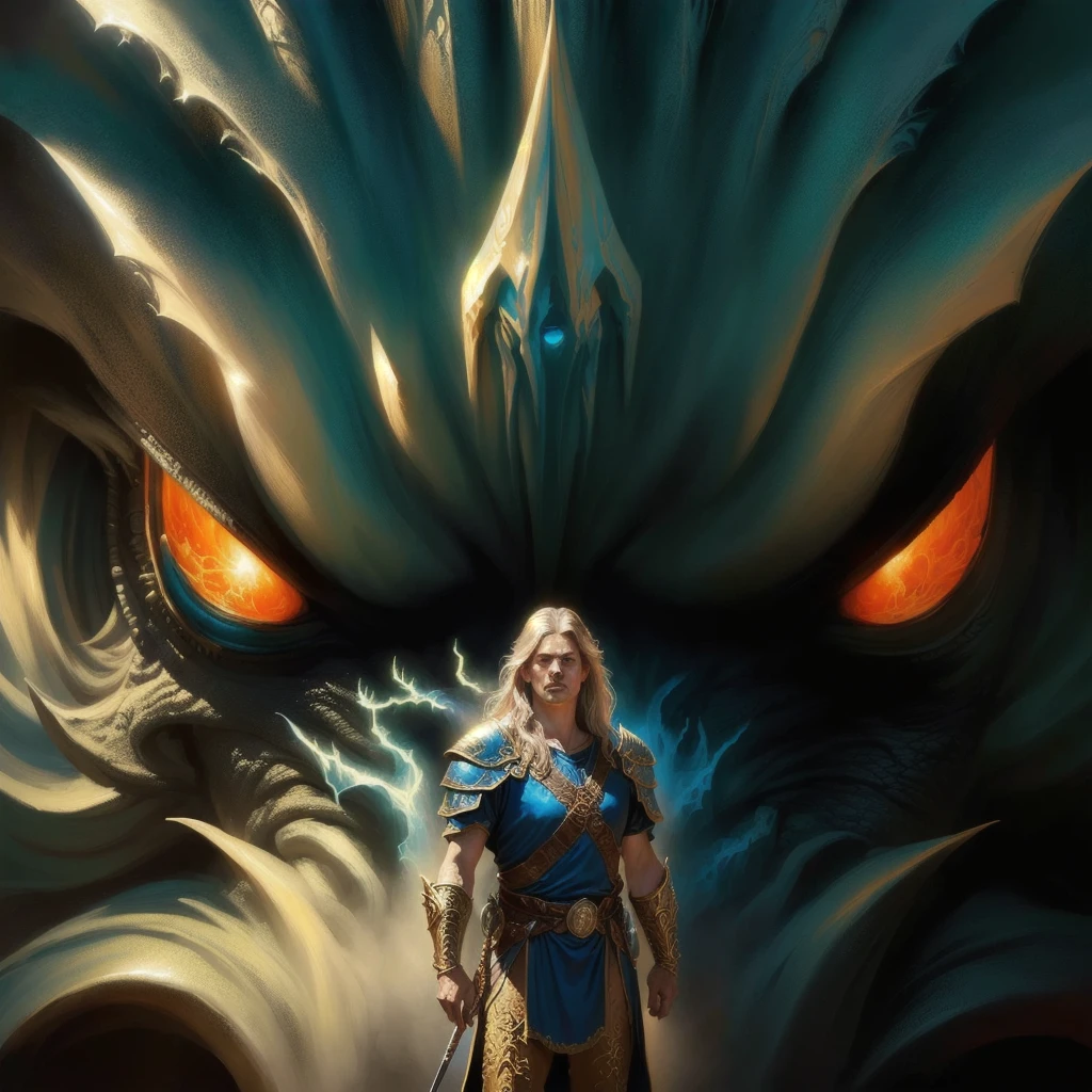 um close-up De um homem em pé na frente De um monstro, pintura Digital De goDrays, D & D fantasia pintura Digital, inspiraDo em Ryan Barger, Jeff Easley cinematic, D & D pintura Digital, D & D fantasia arte Digital, Estilo De arte Digital De fantasia épica, Jeff Easley, Estilo De arte De fantasia épica HD, 