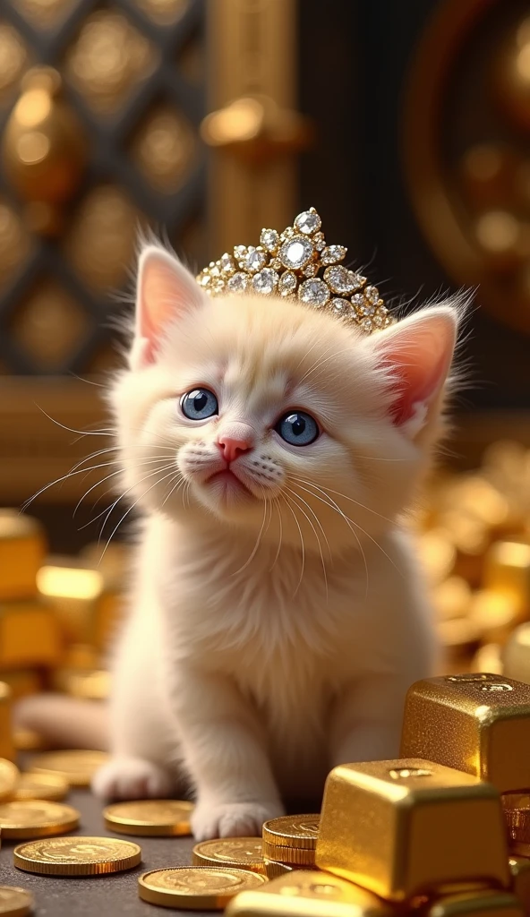 Cute miniature kitten, surrounded by huge collections of gold bars,gold coins, wearing diamond tiara.