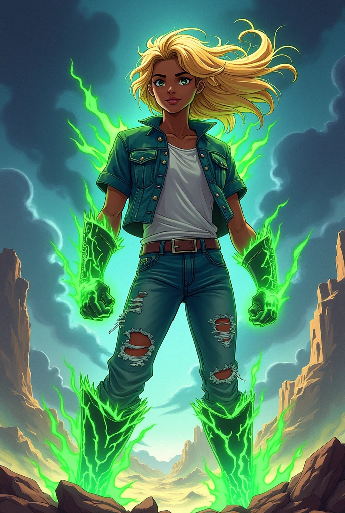 a dark-skinned teenager, wearing a ripped-sleeved shirt and ripped jeans, transformed into a green-purple flaming warrior with golden hear, 90's anime style 