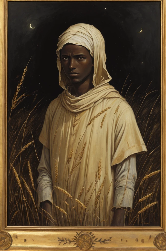 A painting of a young man in a dark wheatfield, Ethiopian medieval peasant, survivor, scuffed face, sad painting, empty defeated eyes, meek, frail, very gaunt, in a golden field at night, empty night sky, pitch-black sky, charcoal colored sky, very tall field, crouching/hiding, petrified, crude art, paint streaks, very low visibility, eerie, close up, messy painting, horrified eyes, hiding in wheat field, midnight, bandages covering stump, missing arm, wounded, plagued, long scruffy hair, scuffed garments