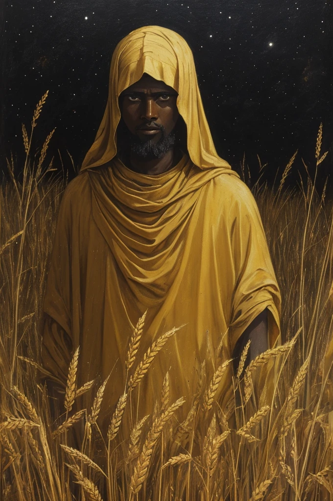 A painting of a young man in a dark wheatfield, Ethiopian medieval peasant, survivor, scuffed face, sad painting, empty defeated eyes, meek, frail, very gaunt, in a golden field at night, empty night sky, pitch-black sky, charcoal colored sky, very tall field, crouching/hiding, petrified, crude art, paint streaks, very low visibility, eerie, close up, messy painting, horrified eyes, hiding in wheat field, midnight, bandages covering stump, missing arm, wounded, plagued, long scruffy hair, scuffed garments